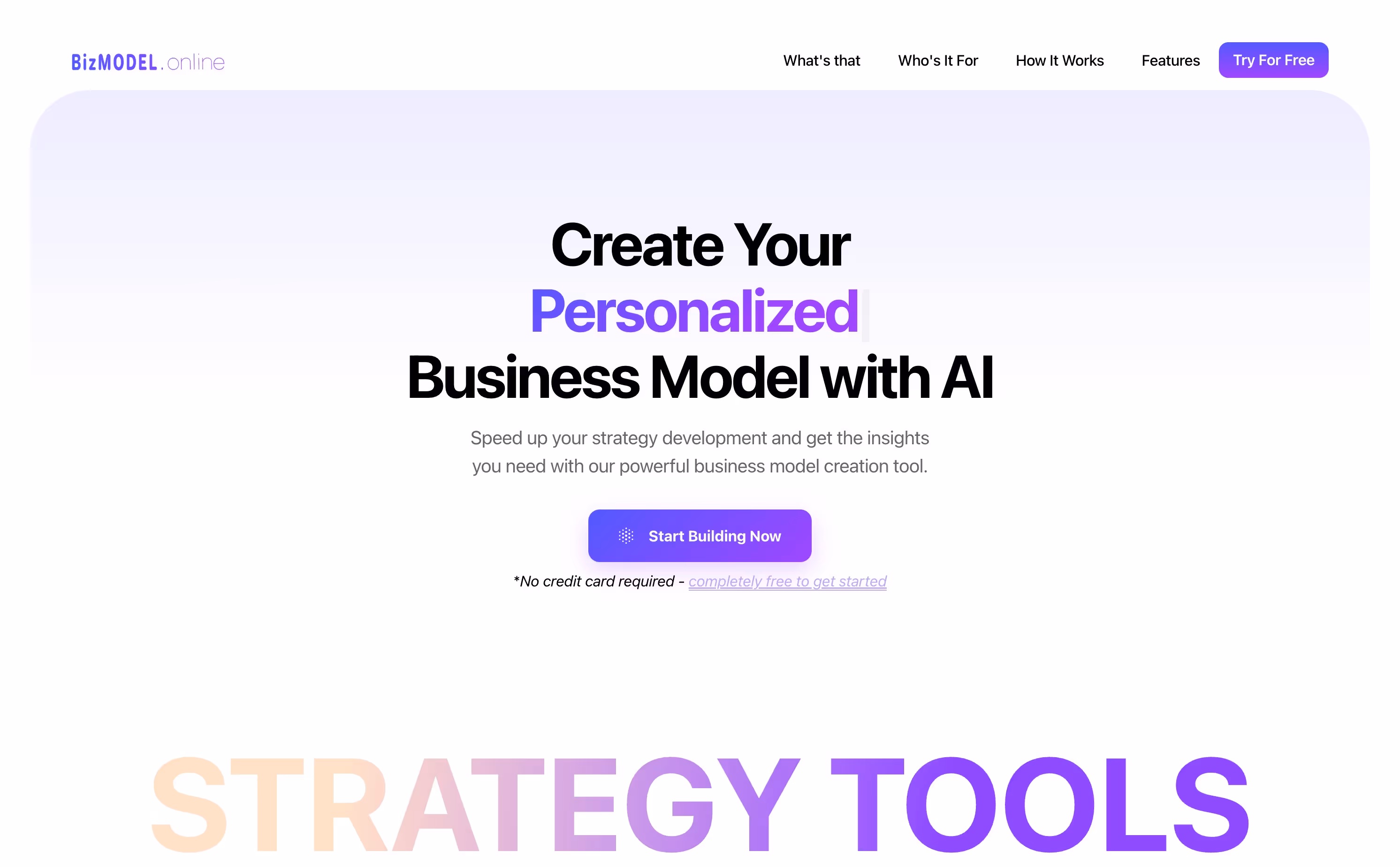 Screenshot of the BizModel.online hero section, showcasing the platform's modern UI with bold headline, clean layout, and call-to-action for business model generation.
